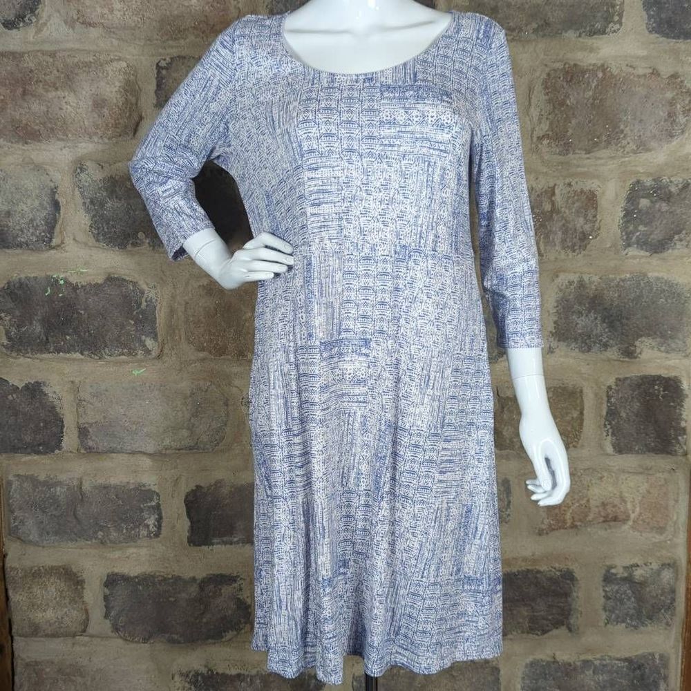 PURE JILL‎ Dress Woman's Size Medium Blue White Print 3/4 Sleeve Lightweight
